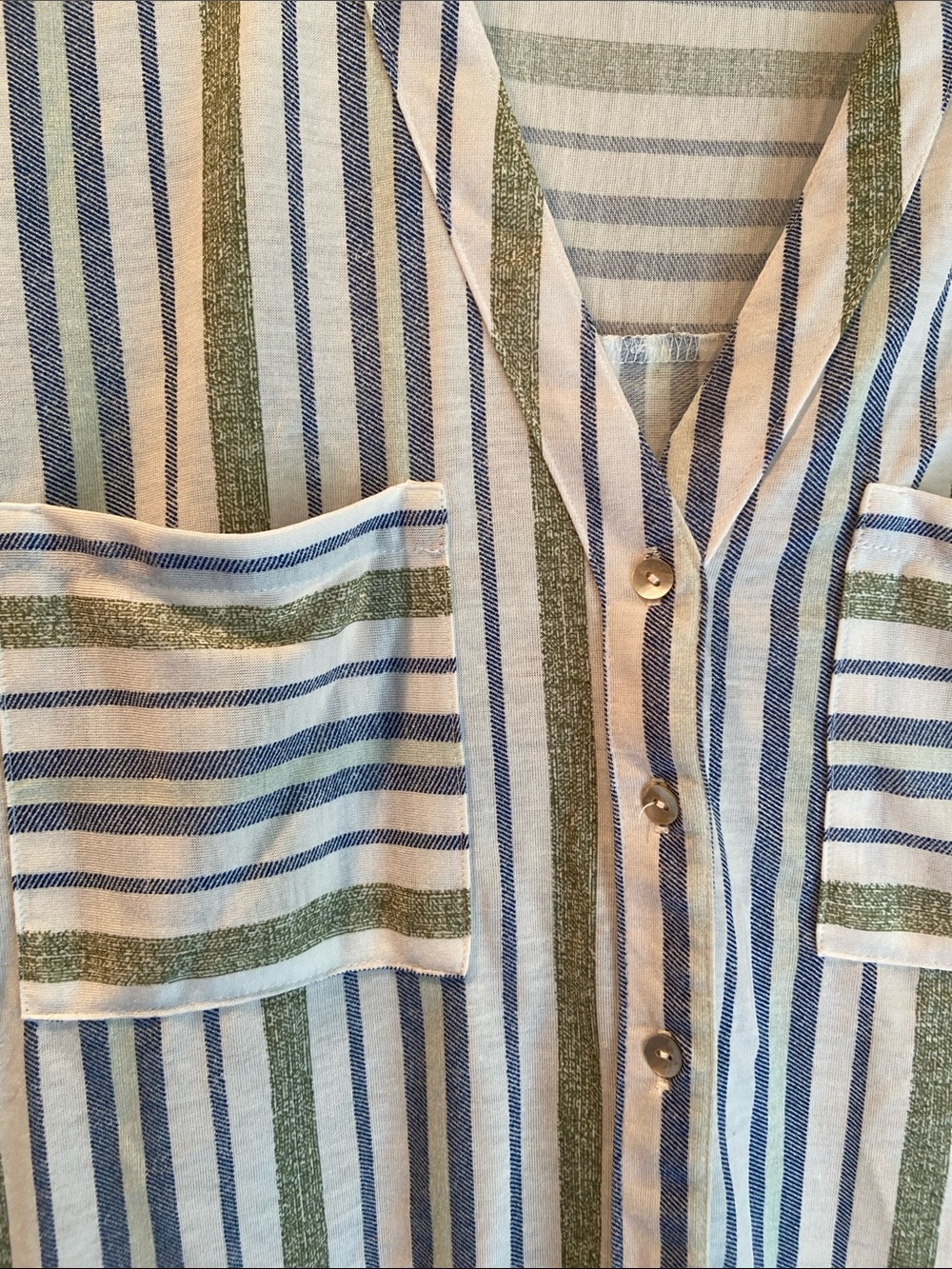 Striped Short-Sleeve Button Front Blouse in Light Blue & Olive - Picture 3 of 10